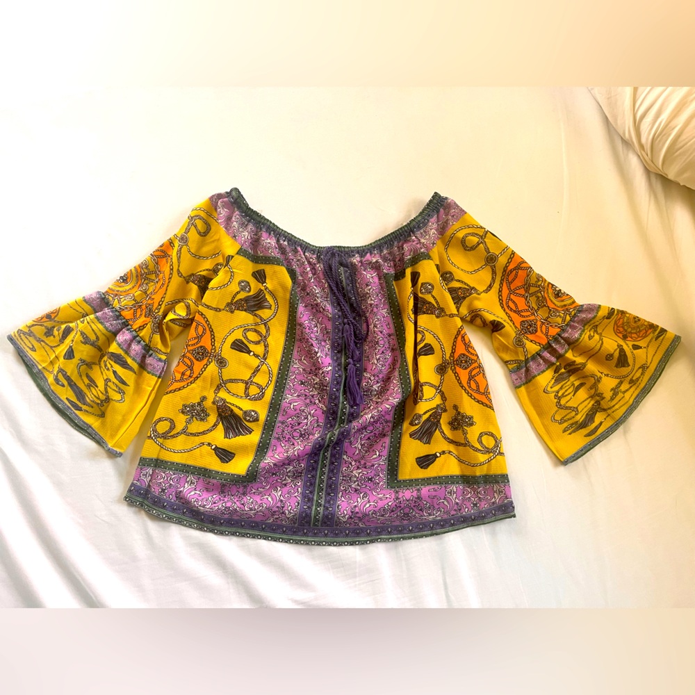 Umgee Bohemian Yellow and Purple Off-Shoulder Top with flair sleeves